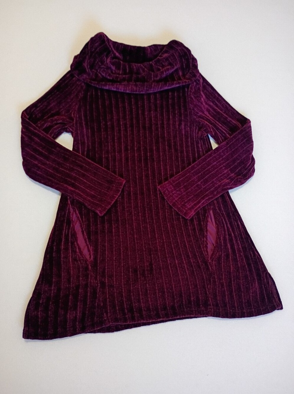 Nina Leonard S Wine Ribbed Velour Long Sleeve Cowl Neck Soft Sweater Has Pockets